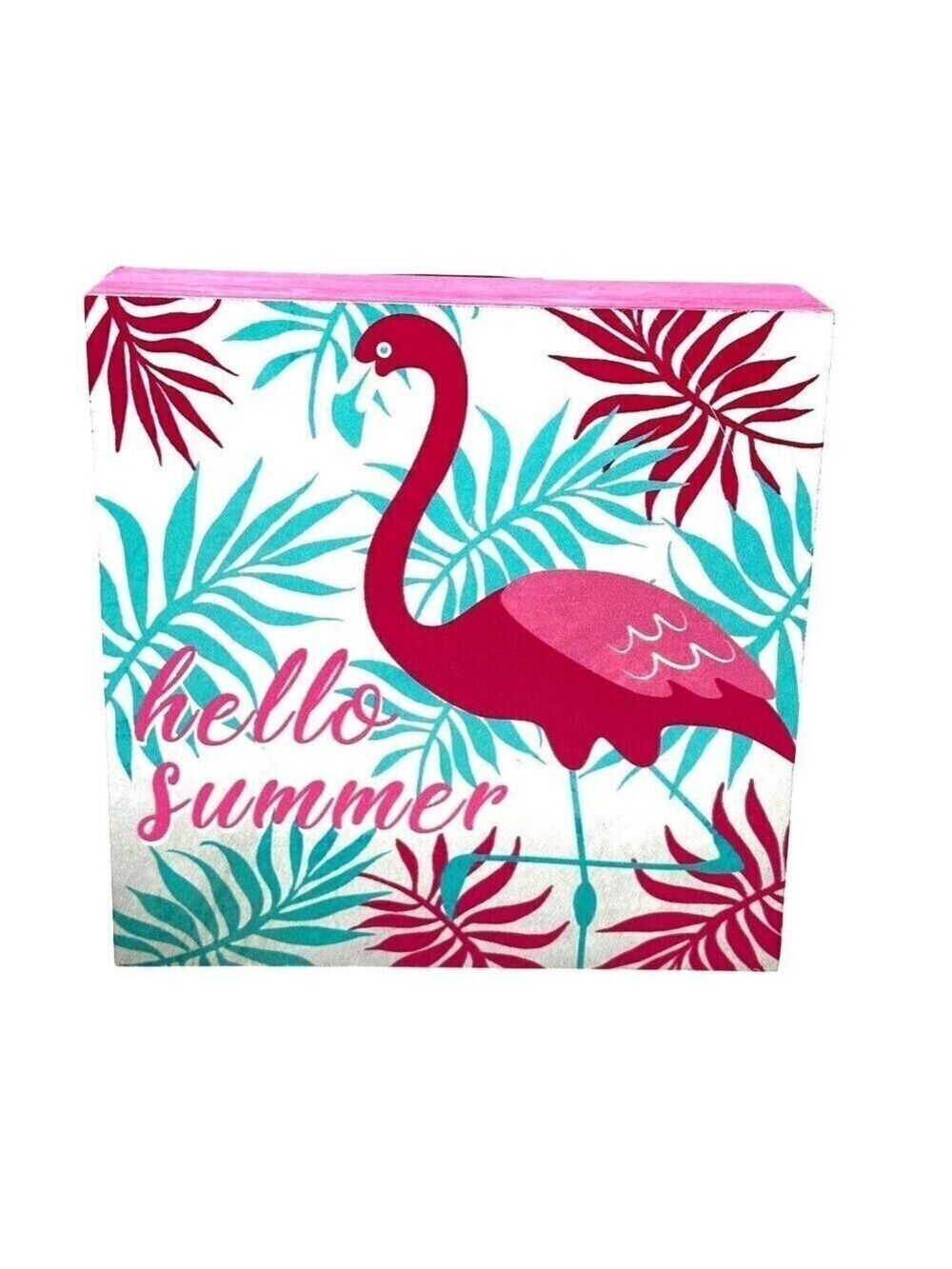 Hello Summer Flamingo Wooden Block Wall Art 6x6 Inches Tropical Decor Pink Green
